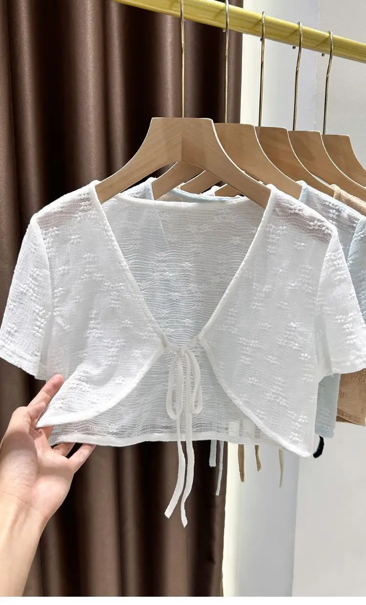 1pcs Summer Tie Up Cardigan Women Sexy Thin Short Sleeve Lace Coat Female Cardigan Paired With Camisole Long Skirt Lady Shawl