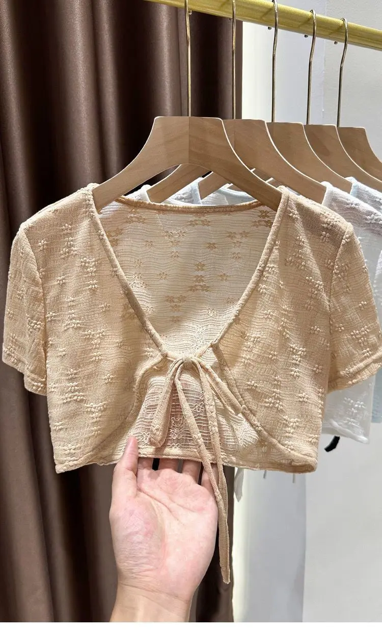 1pcs Summer Tie Up Cardigan Women Sexy Thin Short Sleeve Lace Coat Female Cardigan Paired With Camisole Long Skirt Lady Shawl