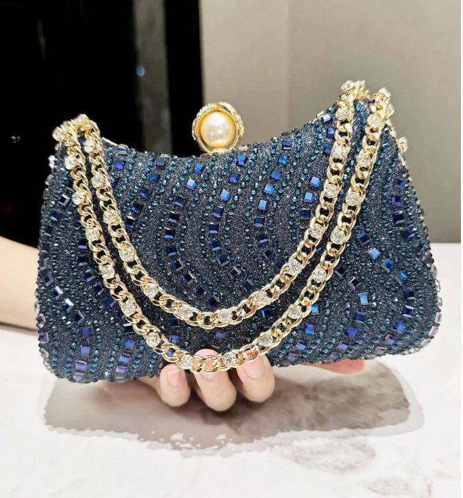 Fine Rhinestone Diamond Inlay Dinner Evening Bag Retro Luxury Gold Silver Blue Small Clutch For Women Wedding Party Shoulder Bag