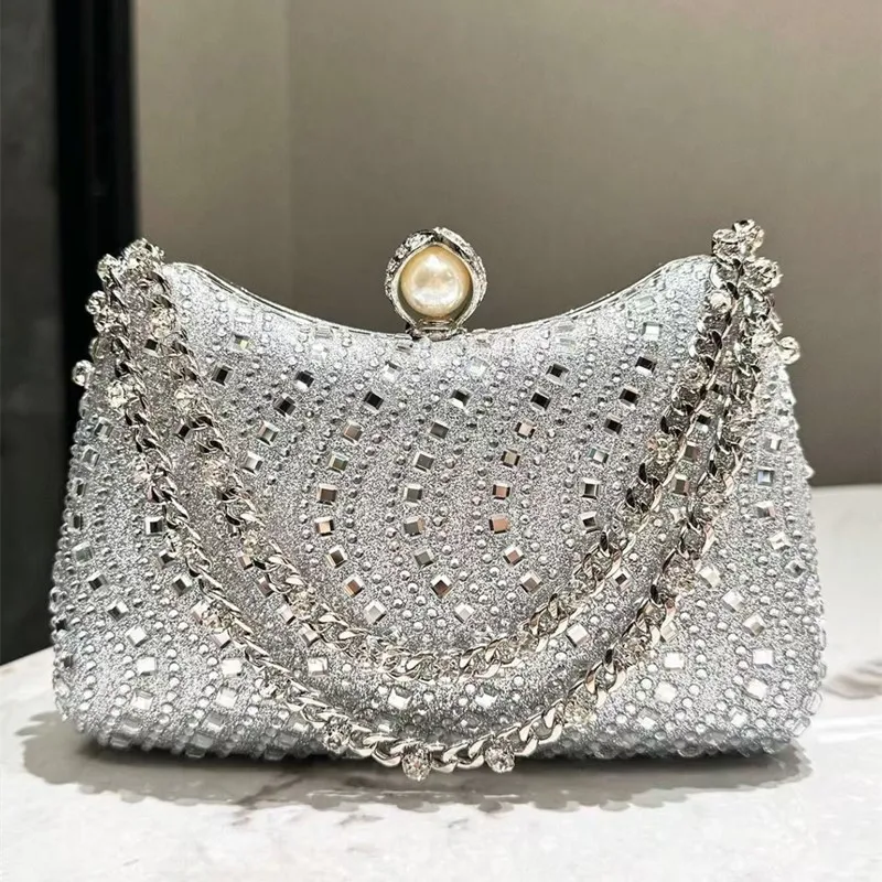 Fine Rhinestone Diamond Inlay Dinner Evening Bag Retro Luxury Gold Silver Blue Small Clutch For Women Wedding Party Shoulder Bag