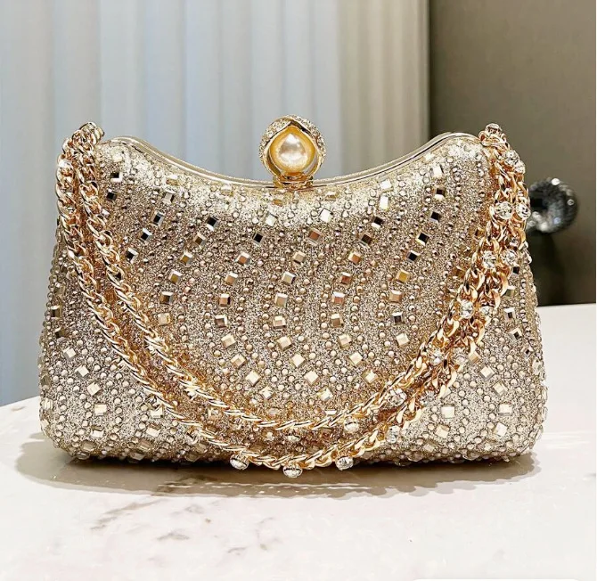 Fine Rhinestone Diamond Inlay Dinner Evening Bag Retro Luxury Gold Silver Blue Small Clutch For Women Wedding Party Shoulder Bag