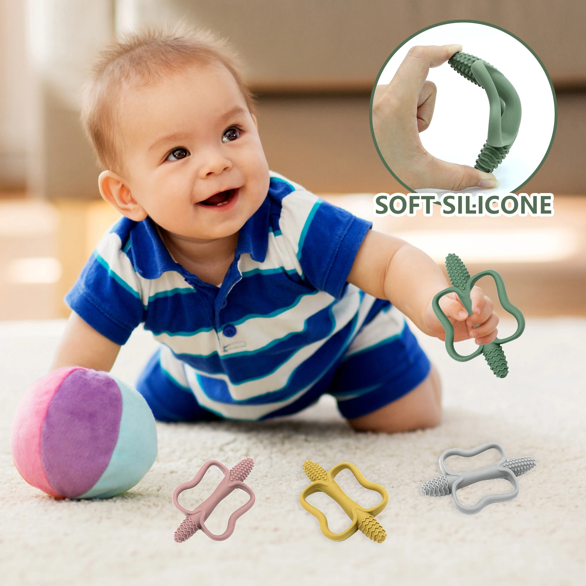 Integrated Silicone Teething Stick with Handle, Baby Toy Teether, Available in 6 Colors, Corn-Shaped Teether.