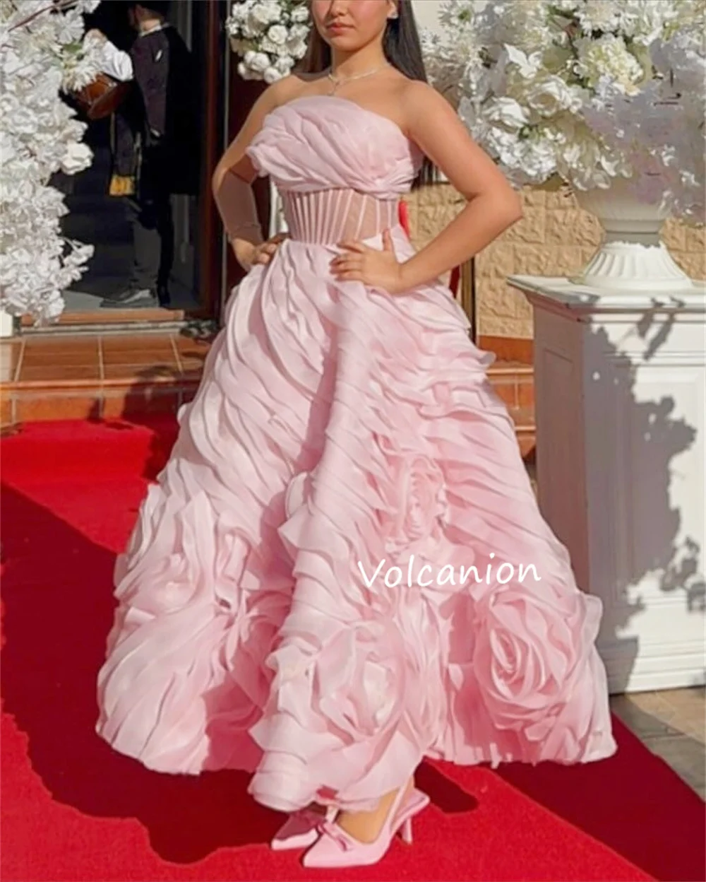 Customized Organza Ruffle Flower Strapless Ball Gown Midi Dresses Bespoke Occasion Simple Exquisite High Quality