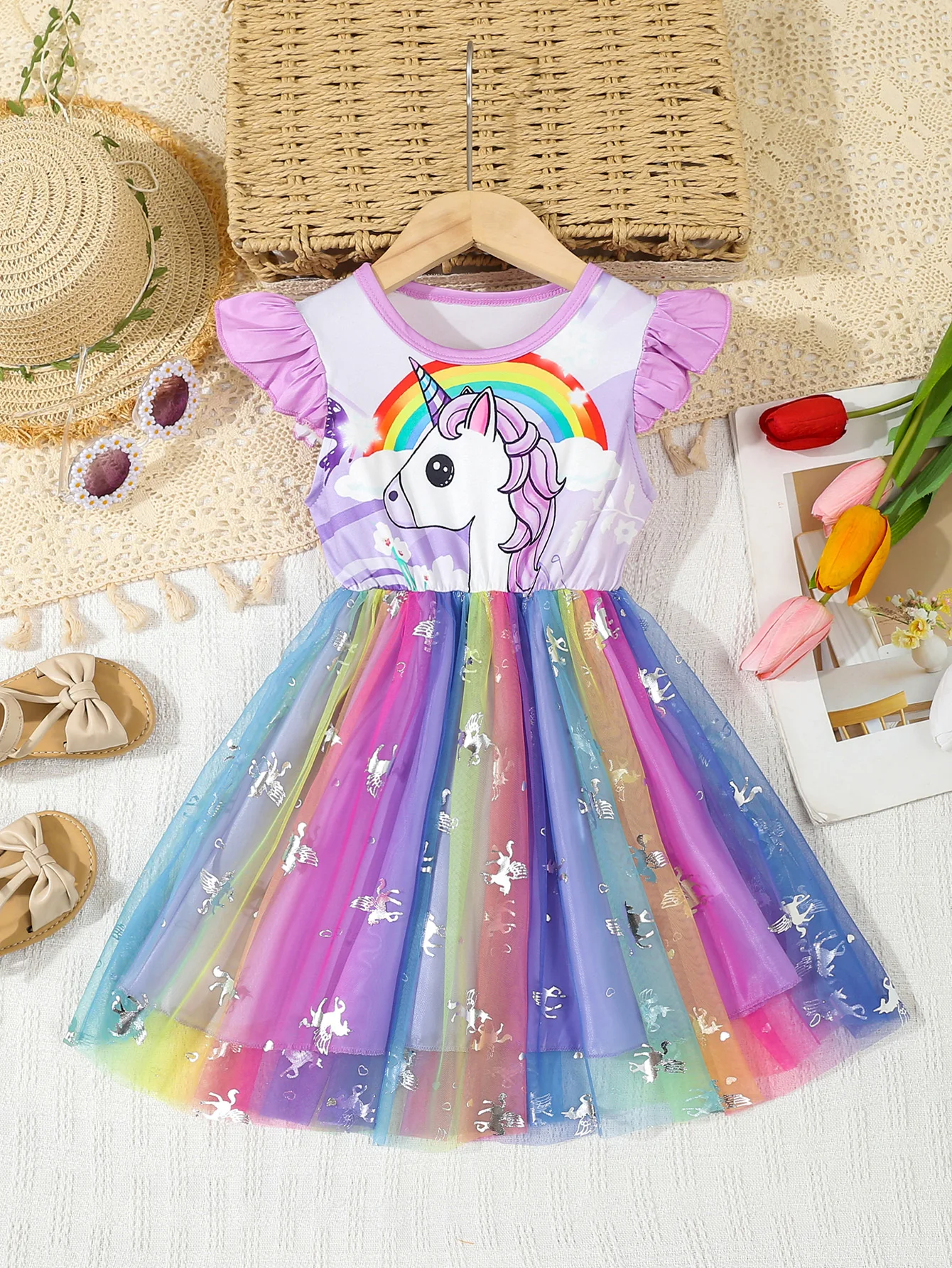 Summer Kids Baby Girl's Dress Cute Cartoon Printed Sleeveless Princess Dress Colorful Mesh Kids Ball Gown Baby Girls Clothes