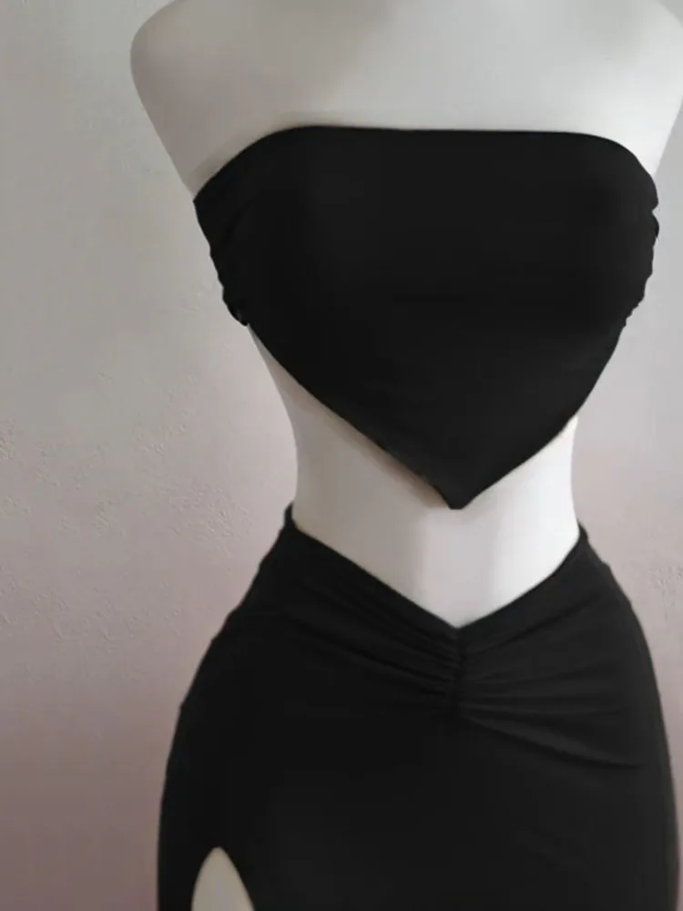 Strapless Backless Crop Top High Waist Skirt 2 Piece Set Women Summer Sexy Slim Fit Split Midi Dress Tube Suits Party Club Sets