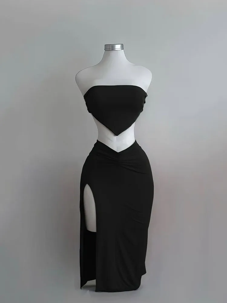 Strapless Backless Crop Top High Waist Skirt 2 Piece Set Women Summer Sexy Slim Fit Split Midi Dress Tube Suits Party Club Sets