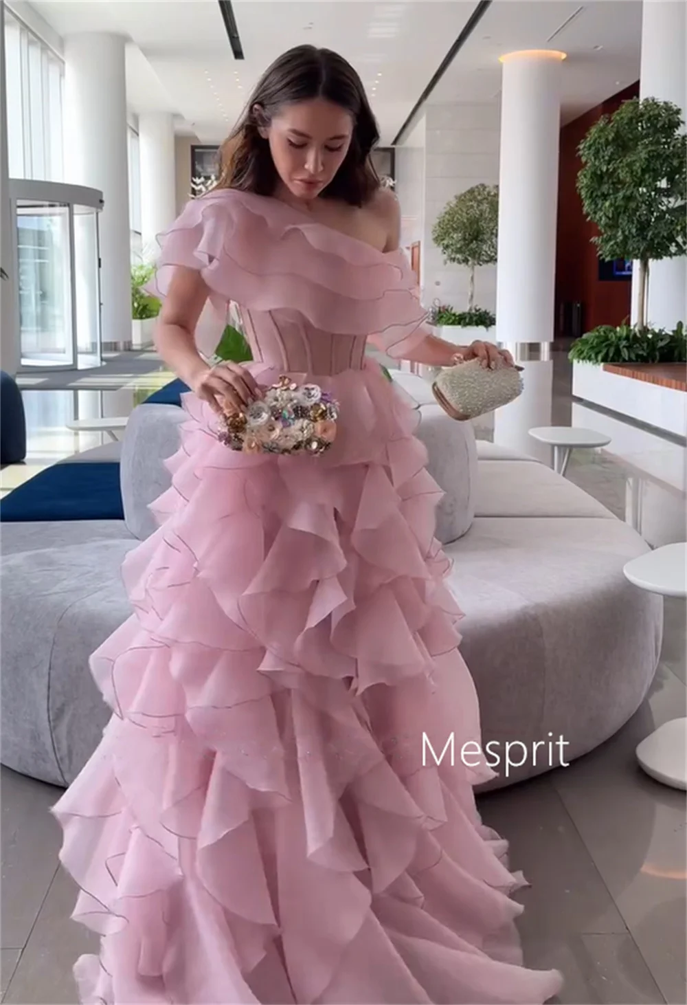 Customized Sparkle Organza Pleat Ruffle A-line Off-the-shoulder Long Dresses Bespoke Occasion Prom High Quality Exquisite