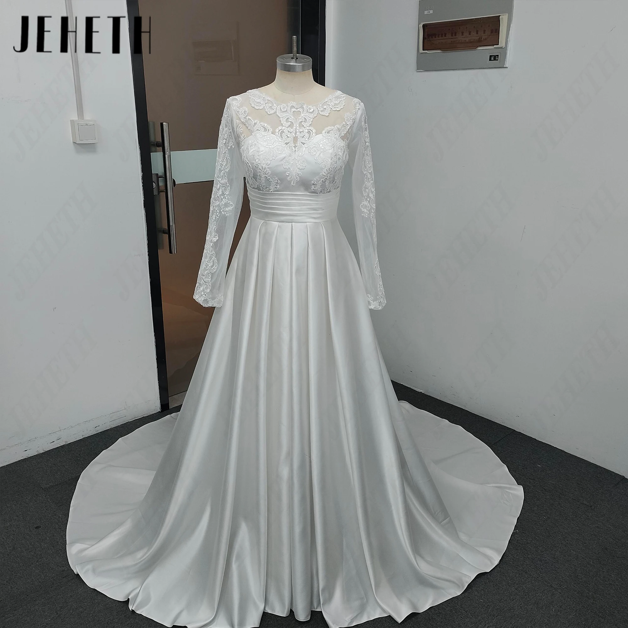 JEHETH Elegant Long Sleeves Satin Wedding Dress A-Line Lace With Pocket Bride Gowns Scoop Neck 2027 Customized Bridal Dresses
