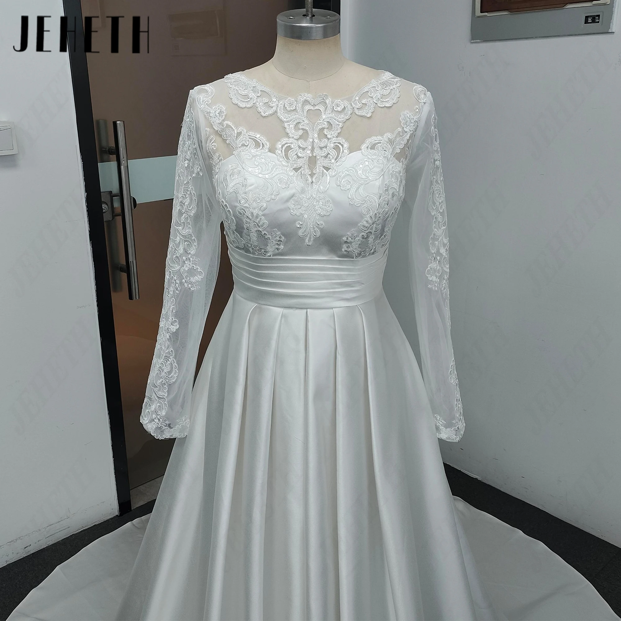 JEHETH Elegant Long Sleeves Satin Wedding Dress A-Line Lace With Pocket Bride Gowns Scoop Neck 2027 Customized Bridal Dresses