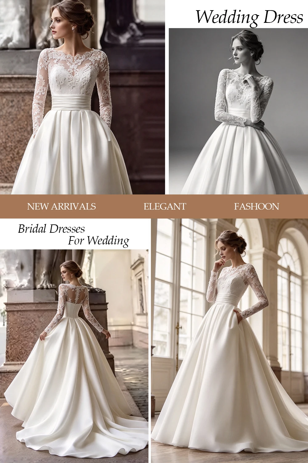 JEHETH Elegant Long Sleeves Satin Wedding Dress A-Line Lace With Pocket Bride Gowns Scoop Neck 2027 Customized Bridal Dresses