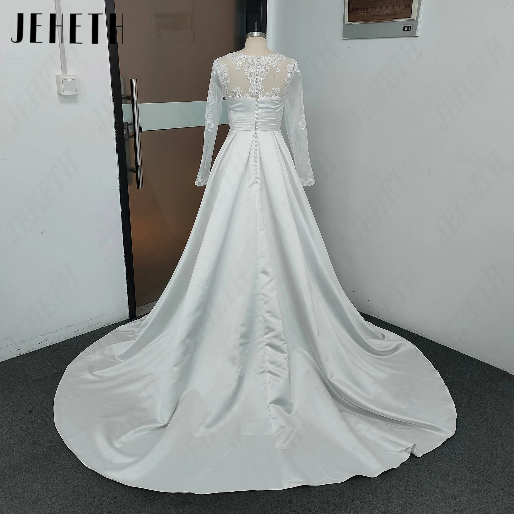 JEHETH Elegant Long Sleeves Satin Wedding Dress A-Line Lace With Pocket Bride Gowns Scoop Neck 2027 Customized Bridal Dresses
