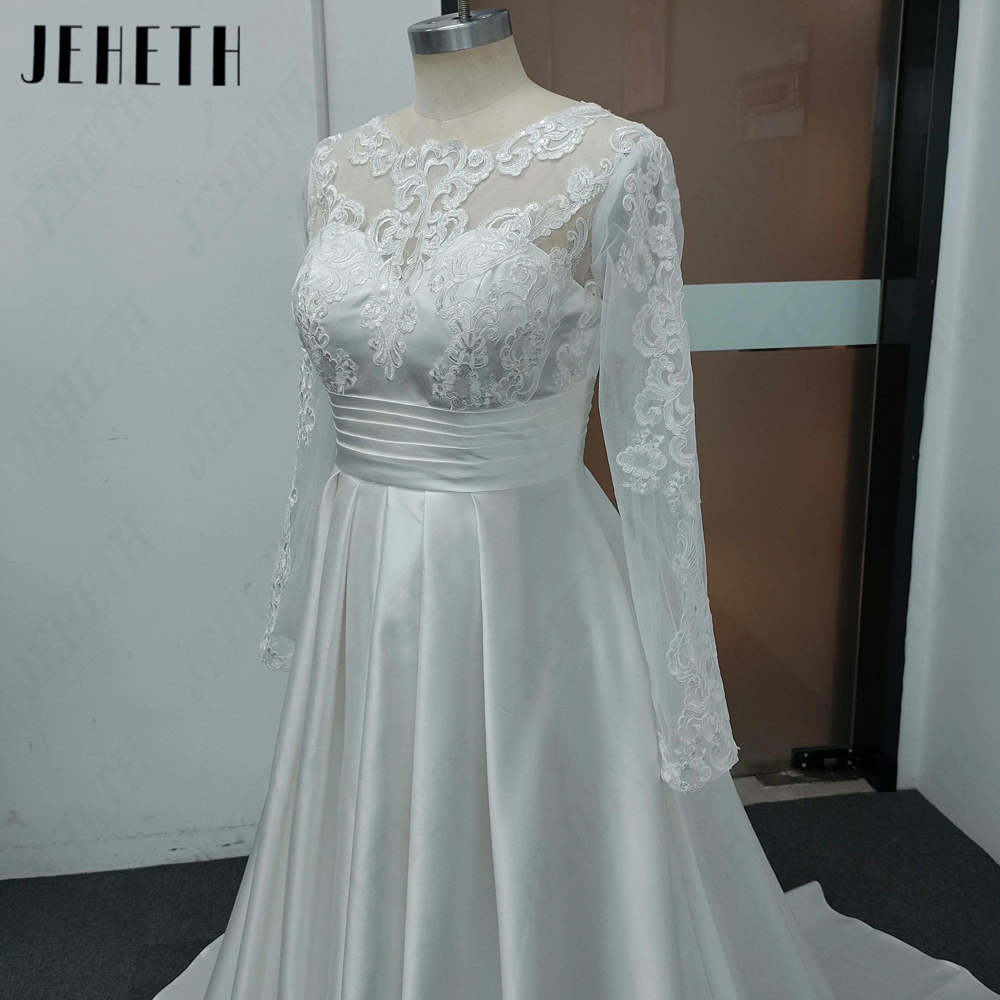 JEHETH Elegant Long Sleeves Satin Wedding Dress A-Line Lace With Pocket Bride Gowns Scoop Neck 2027 Customized Bridal Dresses