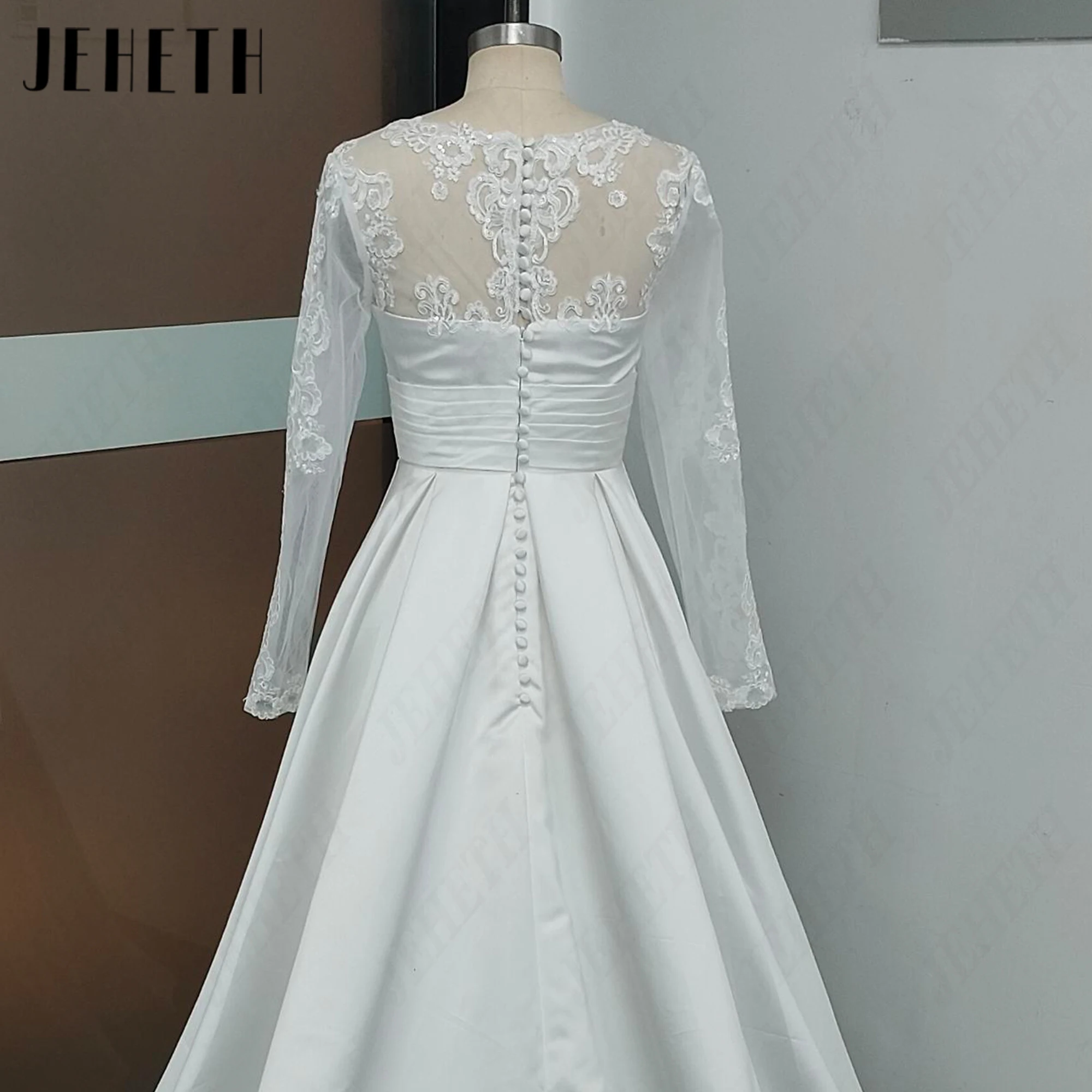 JEHETH Elegant Long Sleeves Satin Wedding Dress A-Line Lace With Pocket Bride Gowns Scoop Neck 2027 Customized Bridal Dresses