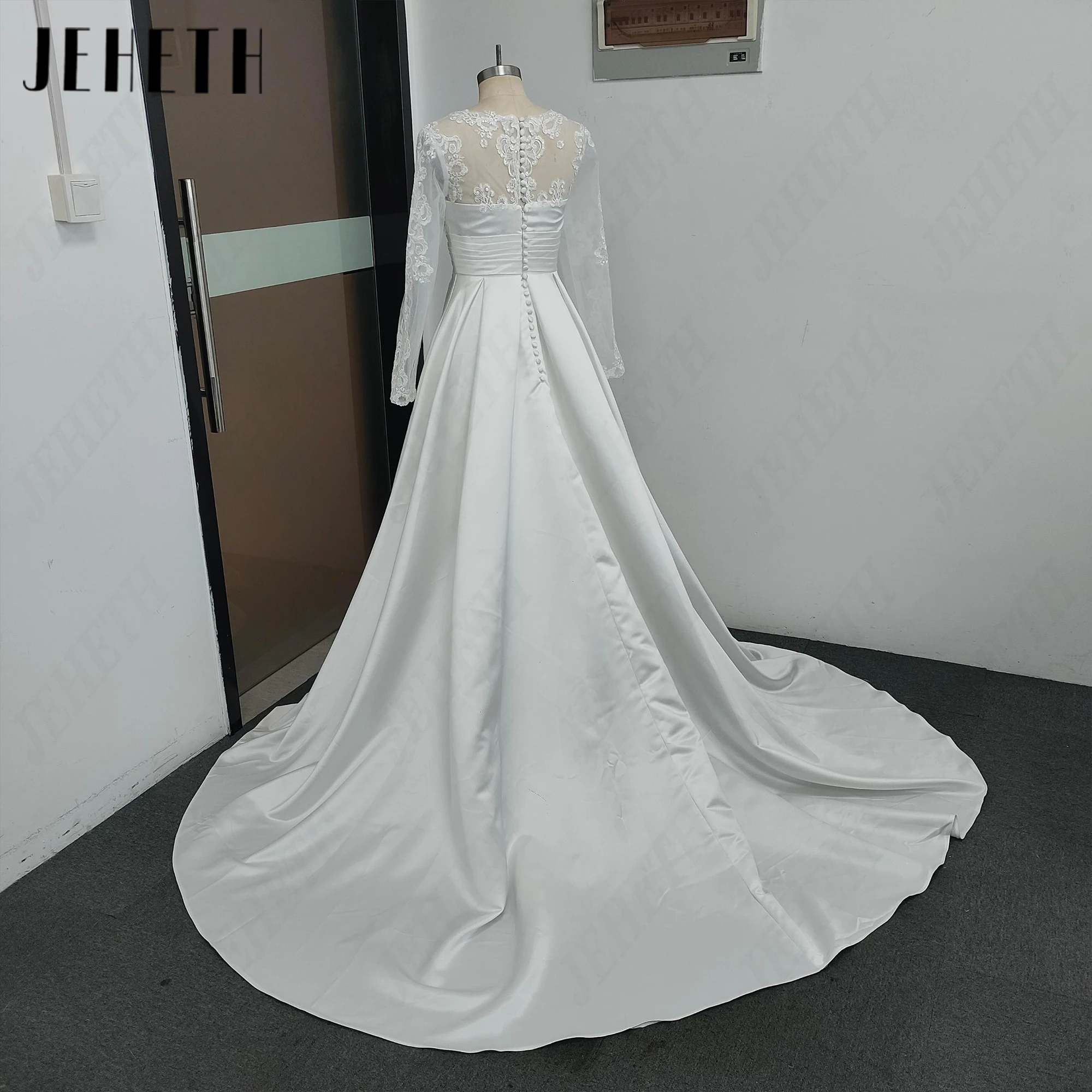 JEHETH Elegant Long Sleeves Satin Wedding Dress A-Line Lace With Pocket Bride Gowns Scoop Neck 2027 Customized Bridal Dresses