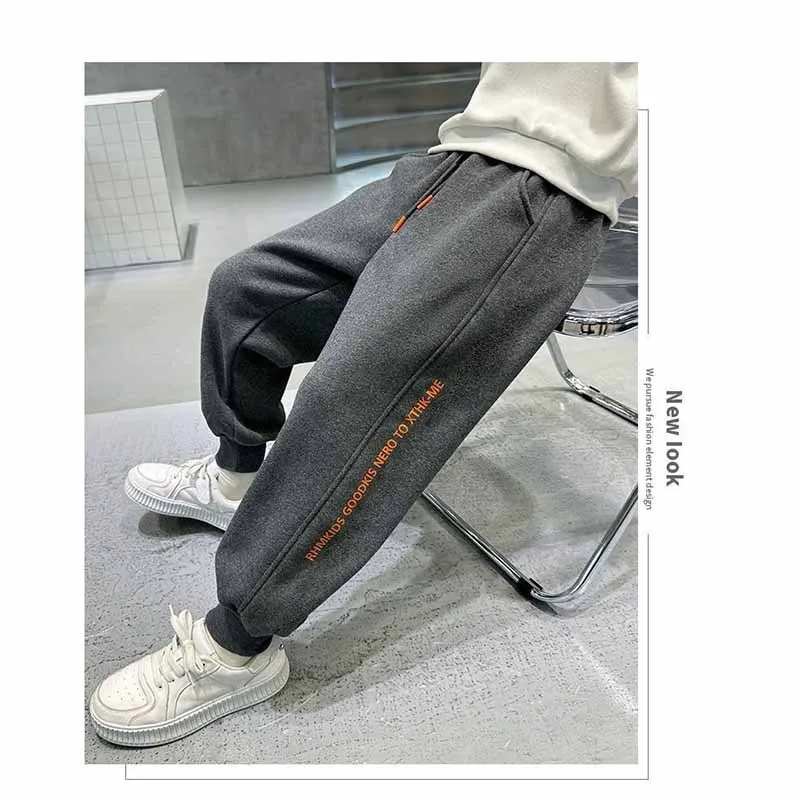 Boys Plus Velvet Pants Kids Thick Trousers Winter Warm Padded Sweatpants New Children's Fashion Casual Bottoms 5-14 Years