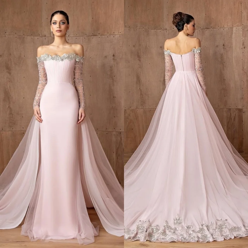 Customized Jersey Applique Sequined Off-the-shoulder Mermaid Long Dresses Bespoke Occasion Exquisite Formal Evening