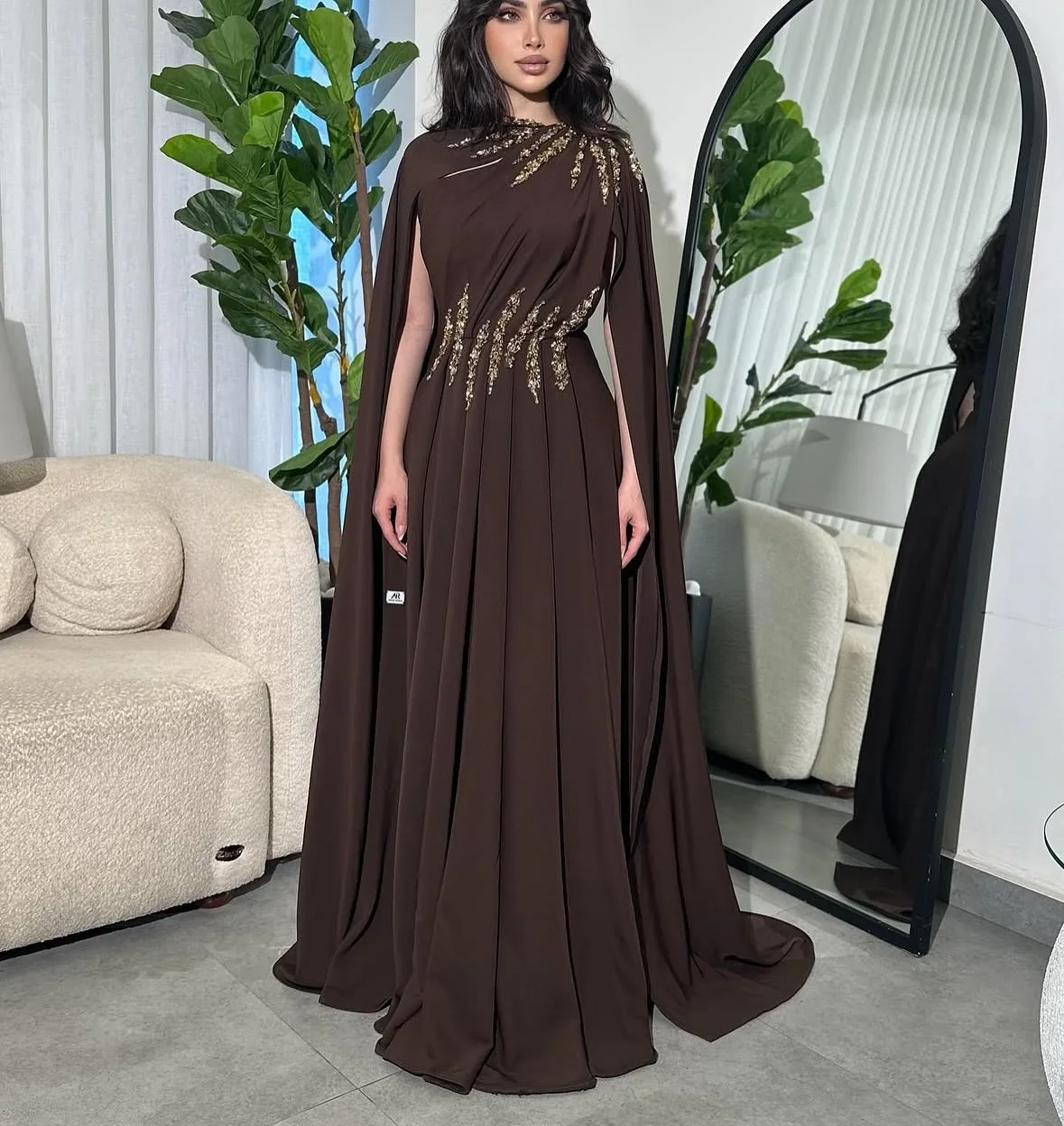 Meetlove O Neck Brown Cut-out Sleeveless Fbeading Sheath Prom Dresses Crystal Floor Length Shawl Evening Gowns Customized 2025