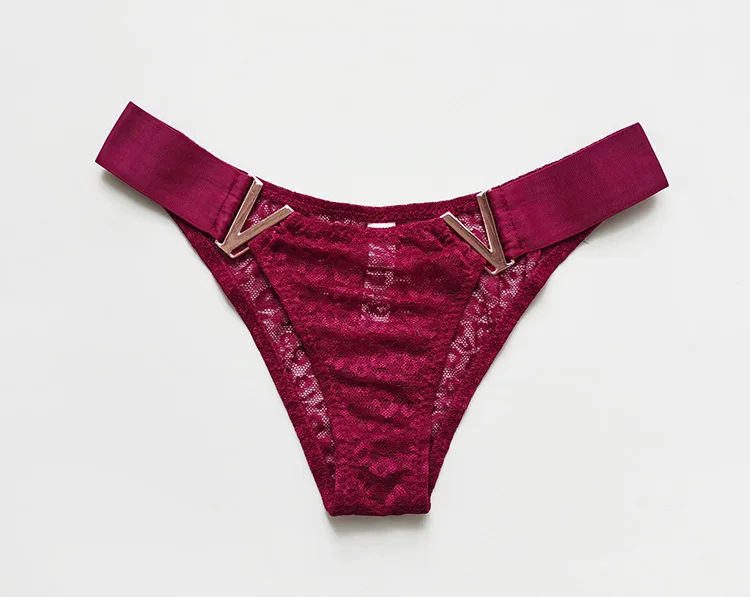 Women's Sexy Low-Waisted Lace T-Pants with V-Shaped Buckle Waistband Thong Half-Wrapped Buttocks Briefs Lady Knickers
