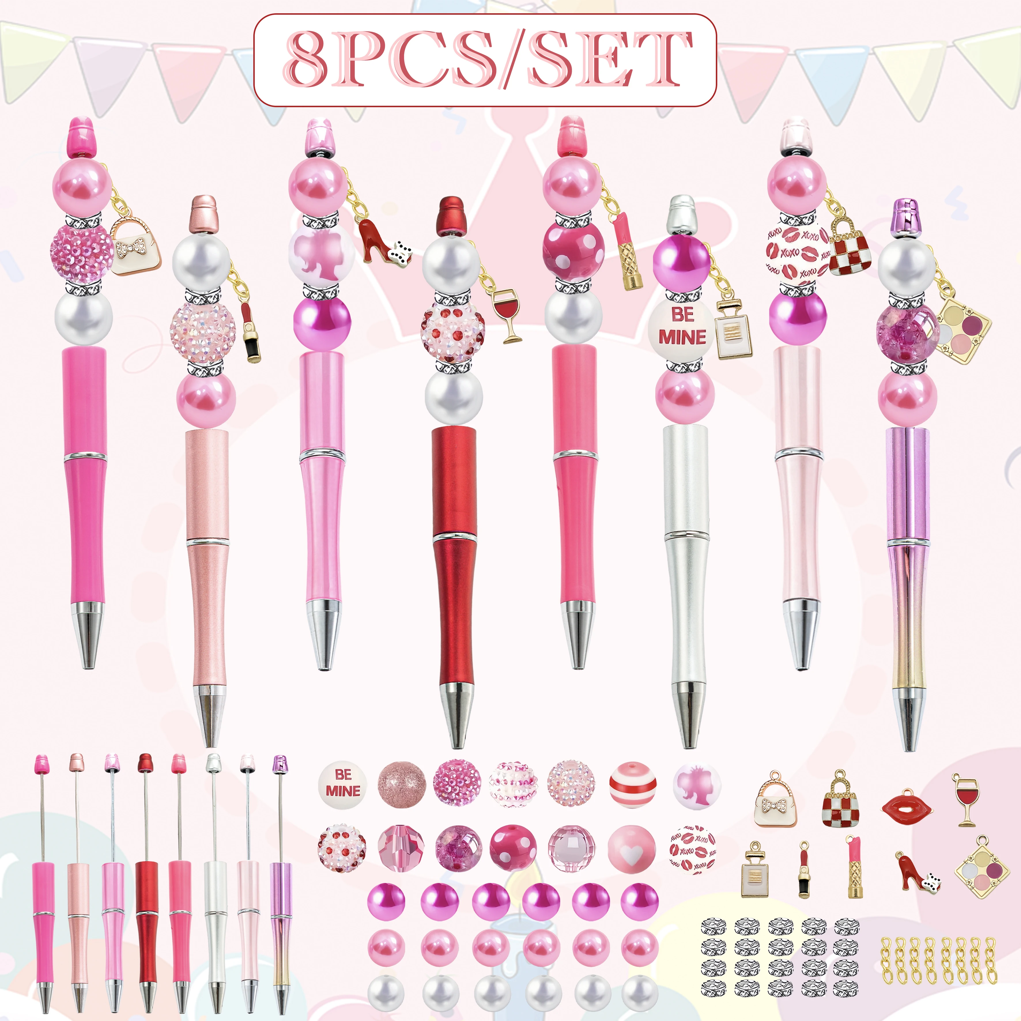 8PCS Pink Rose Women's Popular Cosmetic Lipstick Perfume Leather Bag Valentine's Day DIY Beaded Ballpoint Pen&Acrylic Bead Set