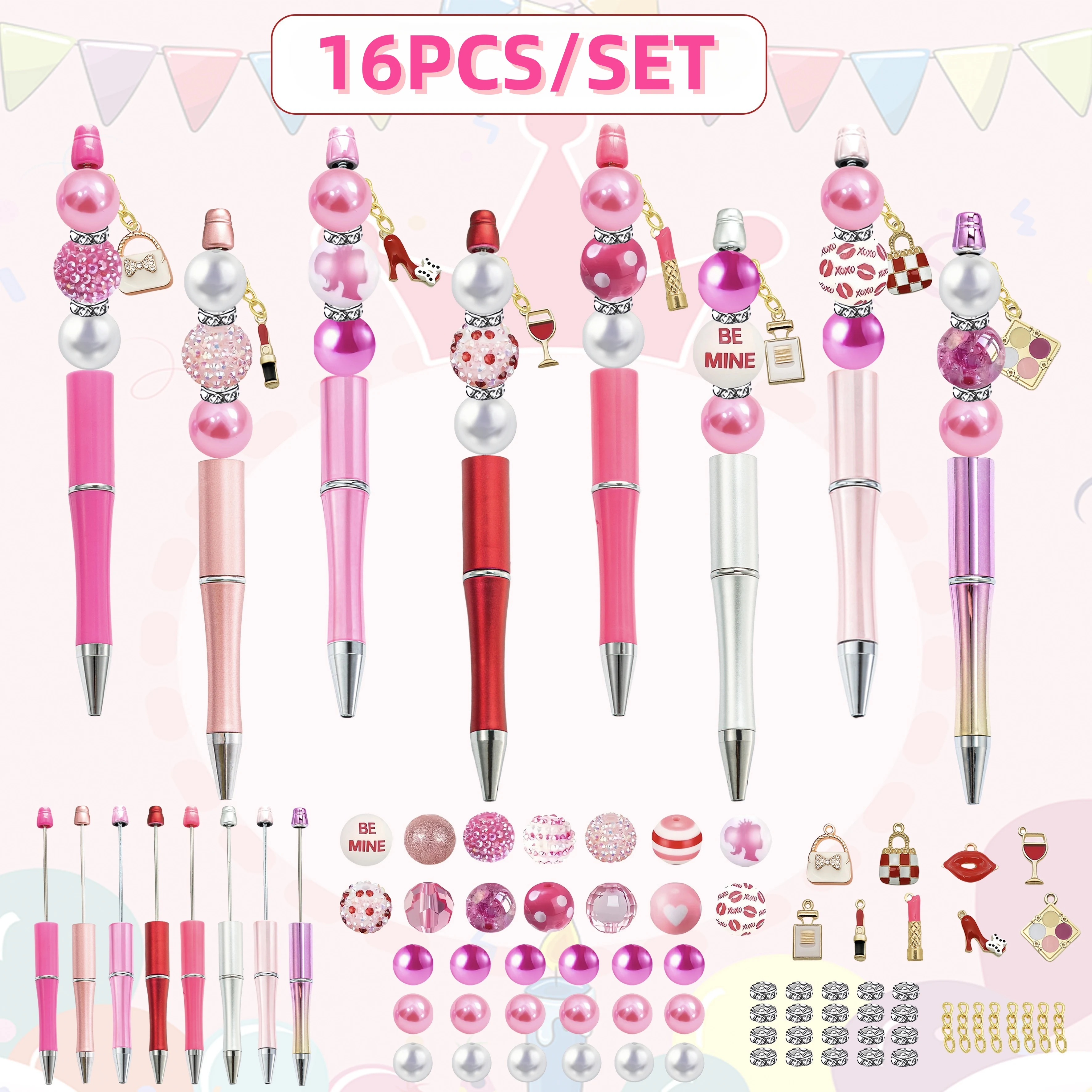 8PCS Pink Rose Women's Popular Cosmetic Lipstick Perfume Leather Bag Valentine's Day DIY Beaded Ballpoint Pen&Acrylic Bead Set