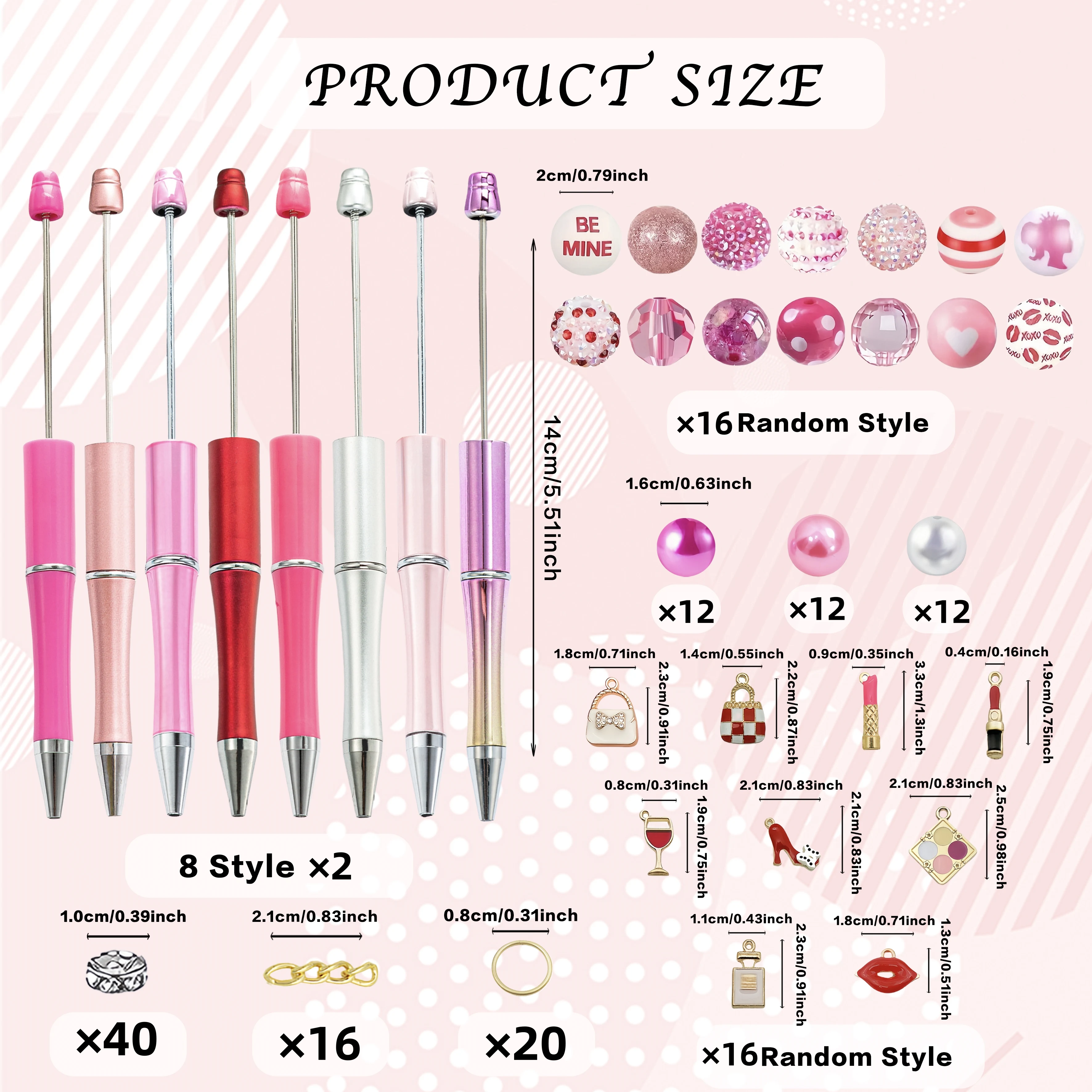 8PCS Pink Rose Women's Popular Cosmetic Lipstick Perfume Leather Bag Valentine's Day DIY Beaded Ballpoint Pen&Acrylic Bead Set