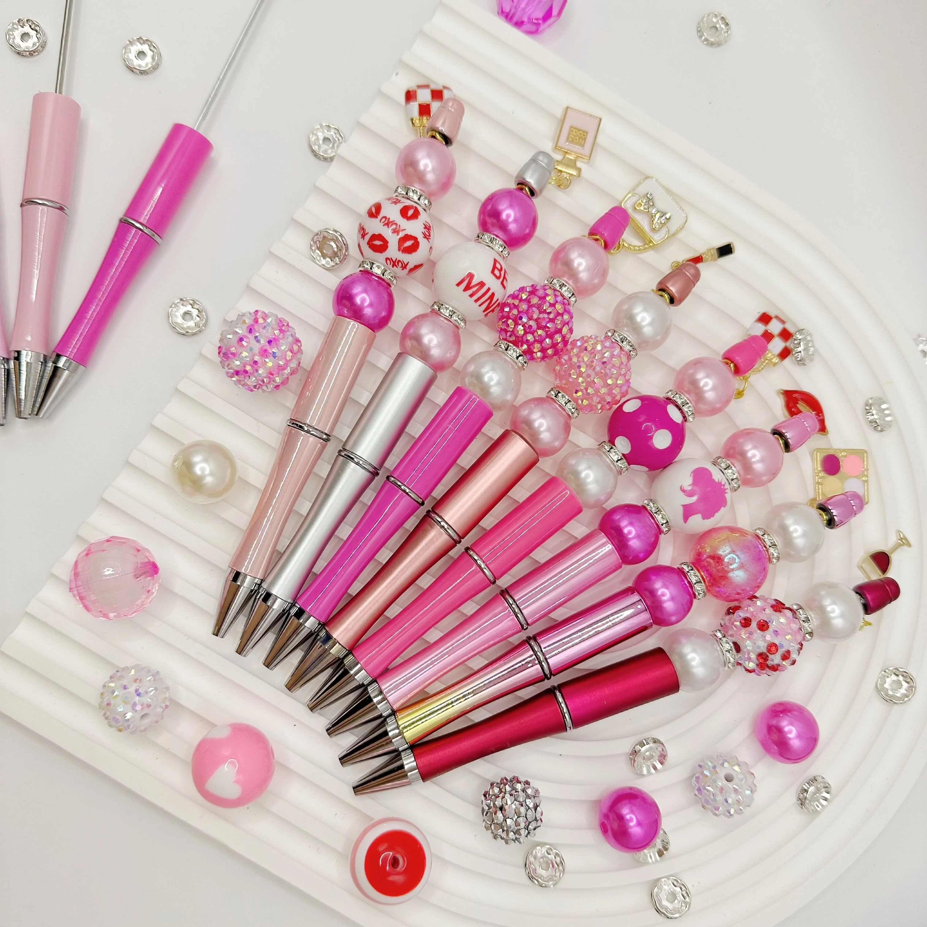 8PCS Pink Rose Women's Popular Cosmetic Lipstick Perfume Leather Bag Valentine's Day DIY Beaded Ballpoint Pen&Acrylic Bead Set