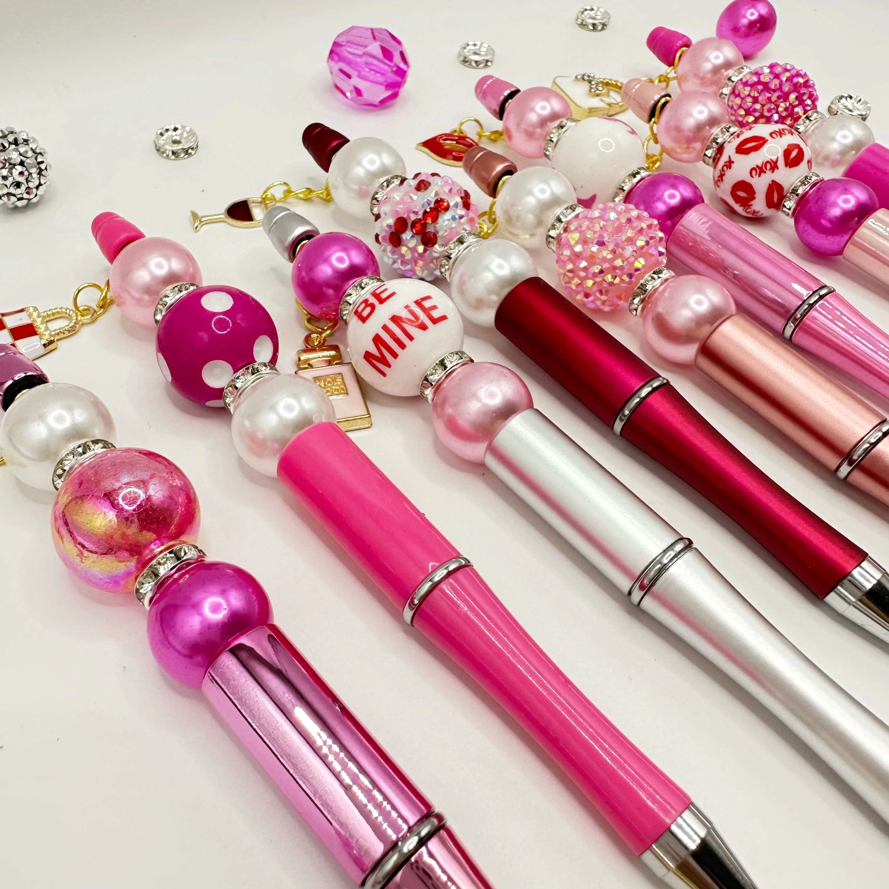 8PCS Pink Rose Women's Popular Cosmetic Lipstick Perfume Leather Bag Valentine's Day DIY Beaded Ballpoint Pen&Acrylic Bead Set