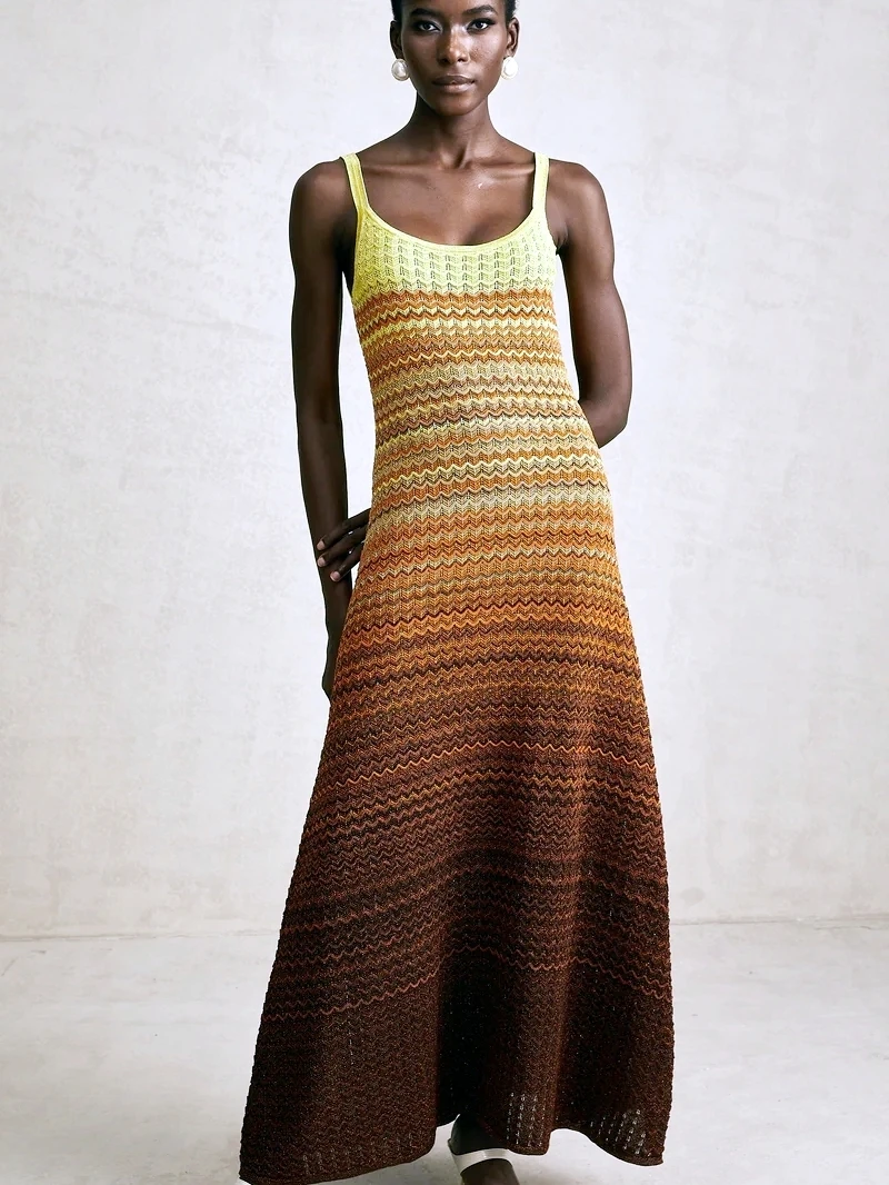 Luxury Brand Design Women Elegant Boho African Golden Sequins Maxi Sleeveless Evening Party Vacation Dress Knitted Lady Clothing