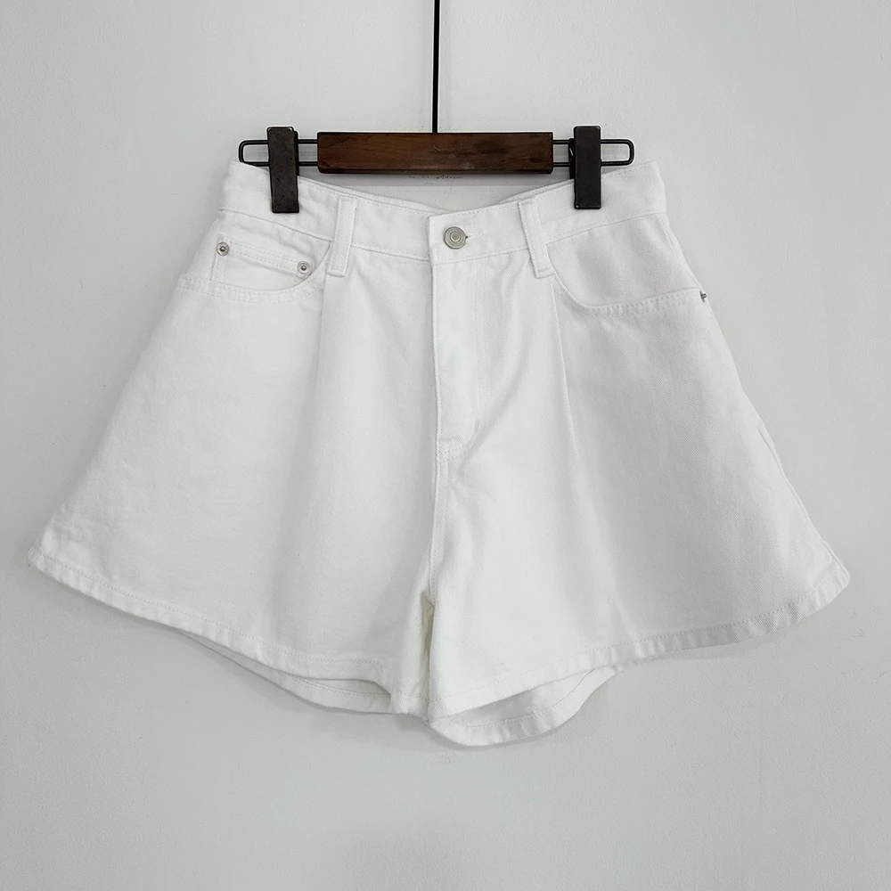REALEFT Summer Washed High Waist Women's A-line Denim Shorts Pocket White 2025 New Casual Loose Wide Leg Jeans Shorts Female