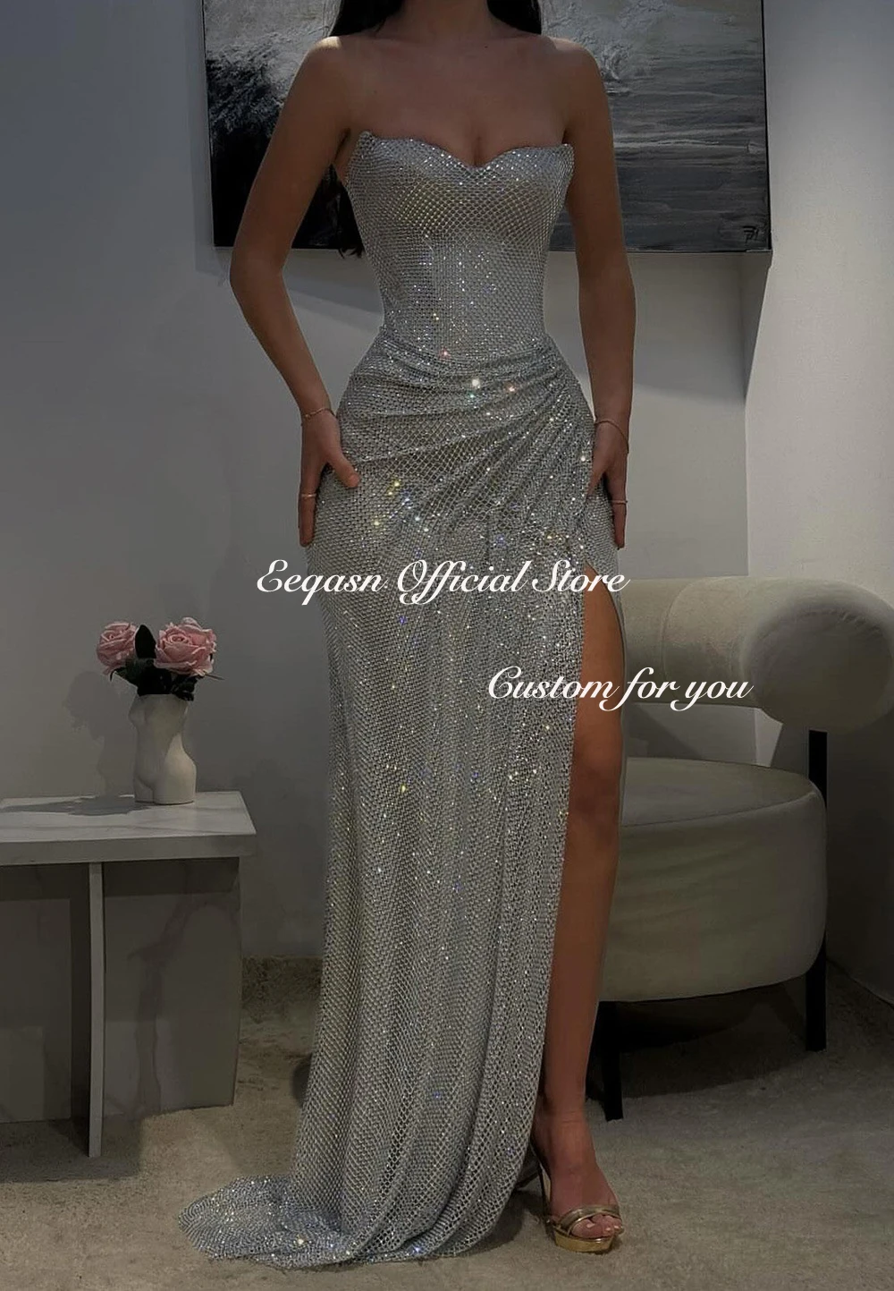 Customized Strapless Glitter Prom Dresses Side Split Sleeveless vestidos de noiva Floor-Length Formal Evening Gown Mermaid