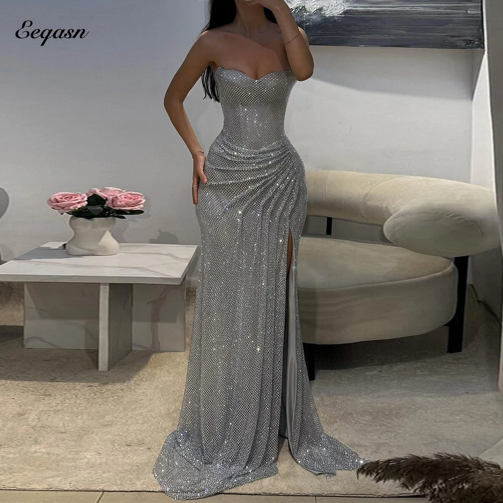 Customized Strapless Glitter Prom Dresses Side Split Sleeveless vestidos de noiva Floor-Length Formal Evening Gown Mermaid