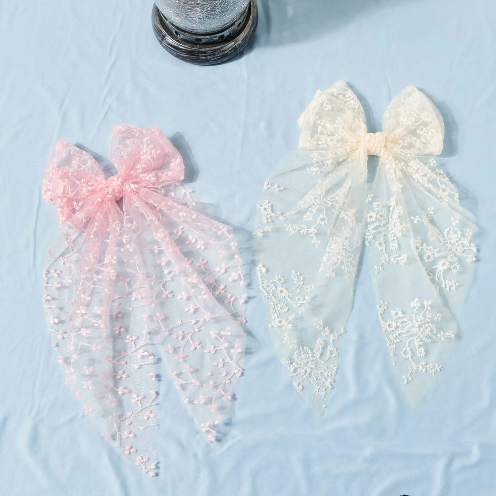 1pc Girls Wedding Decor Embroidery Lace Bow Long Tail Hair Accessory Kids Party Wear Hair Clip Teenage Fahion Ponytail Barrettes