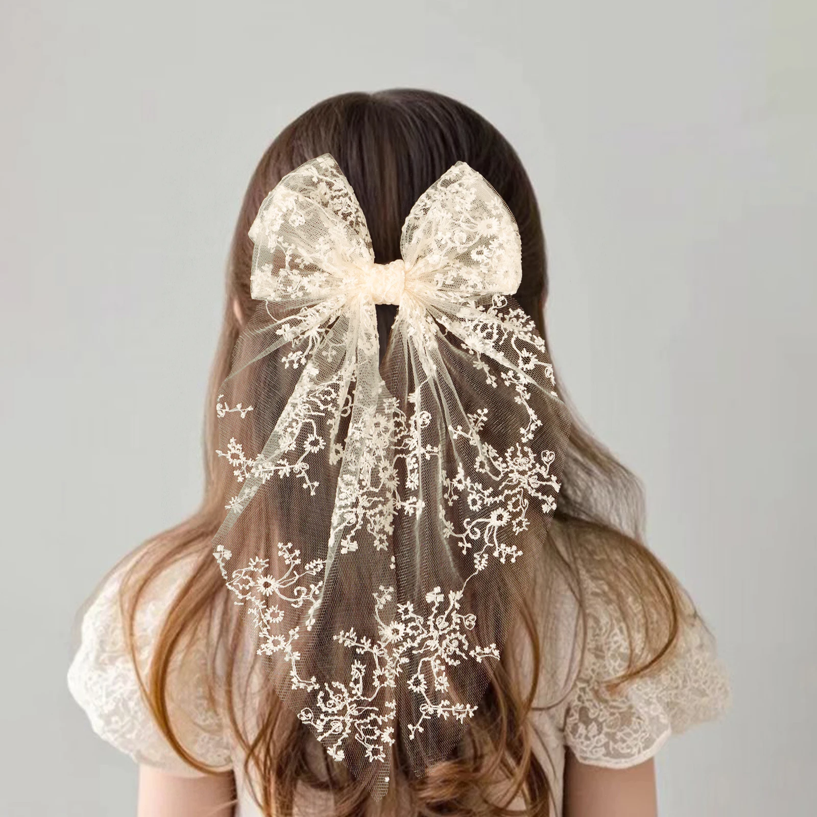 1pc Girls Wedding Decor Embroidery Lace Bow Long Tail Hair Accessory Kids Party Wear Hair Clip Teenage Fahion Ponytail Barrettes