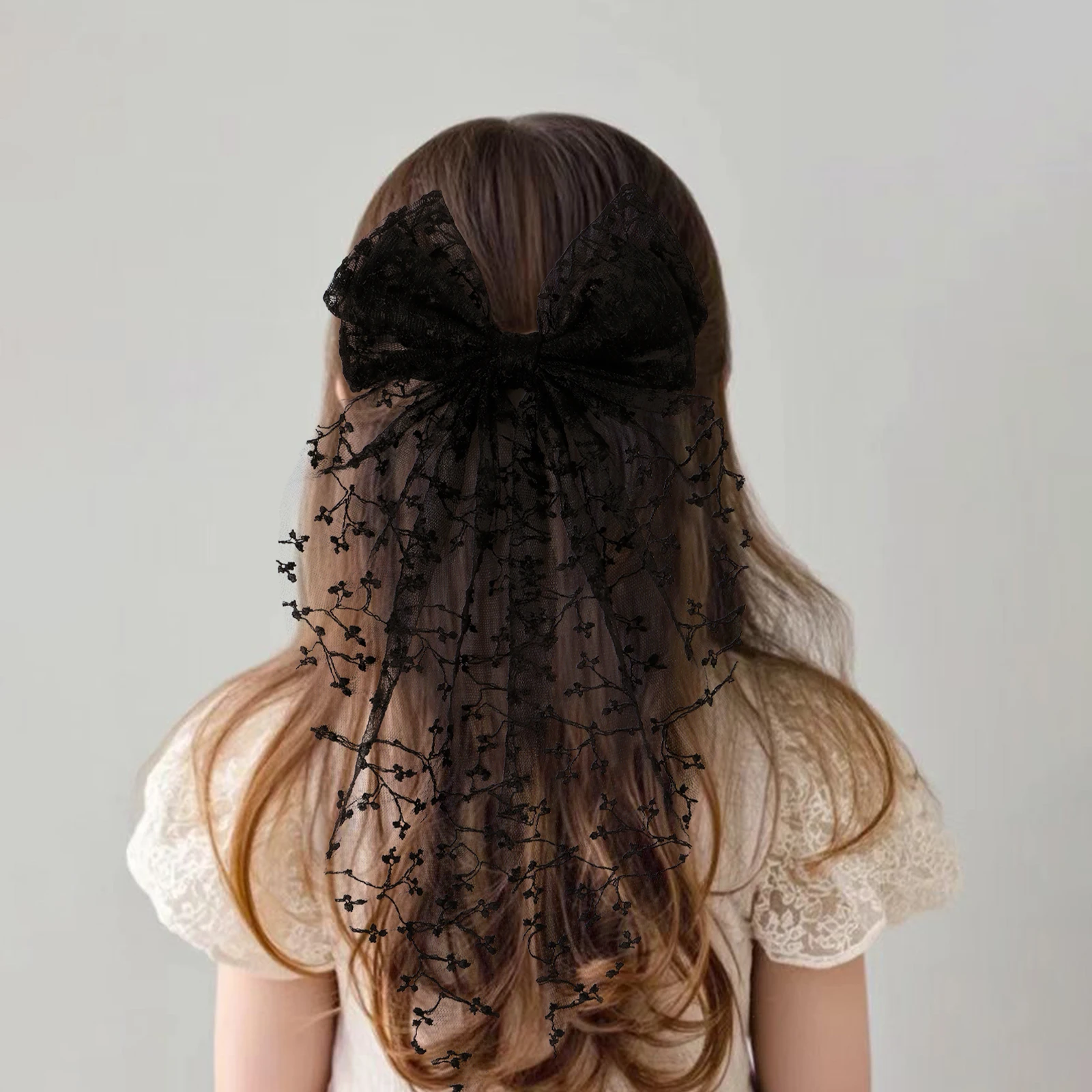 1pc Girls Wedding Decor Embroidery Lace Bow Long Tail Hair Accessory Kids Party Wear Hair Clip Teenage Fahion Ponytail Barrettes