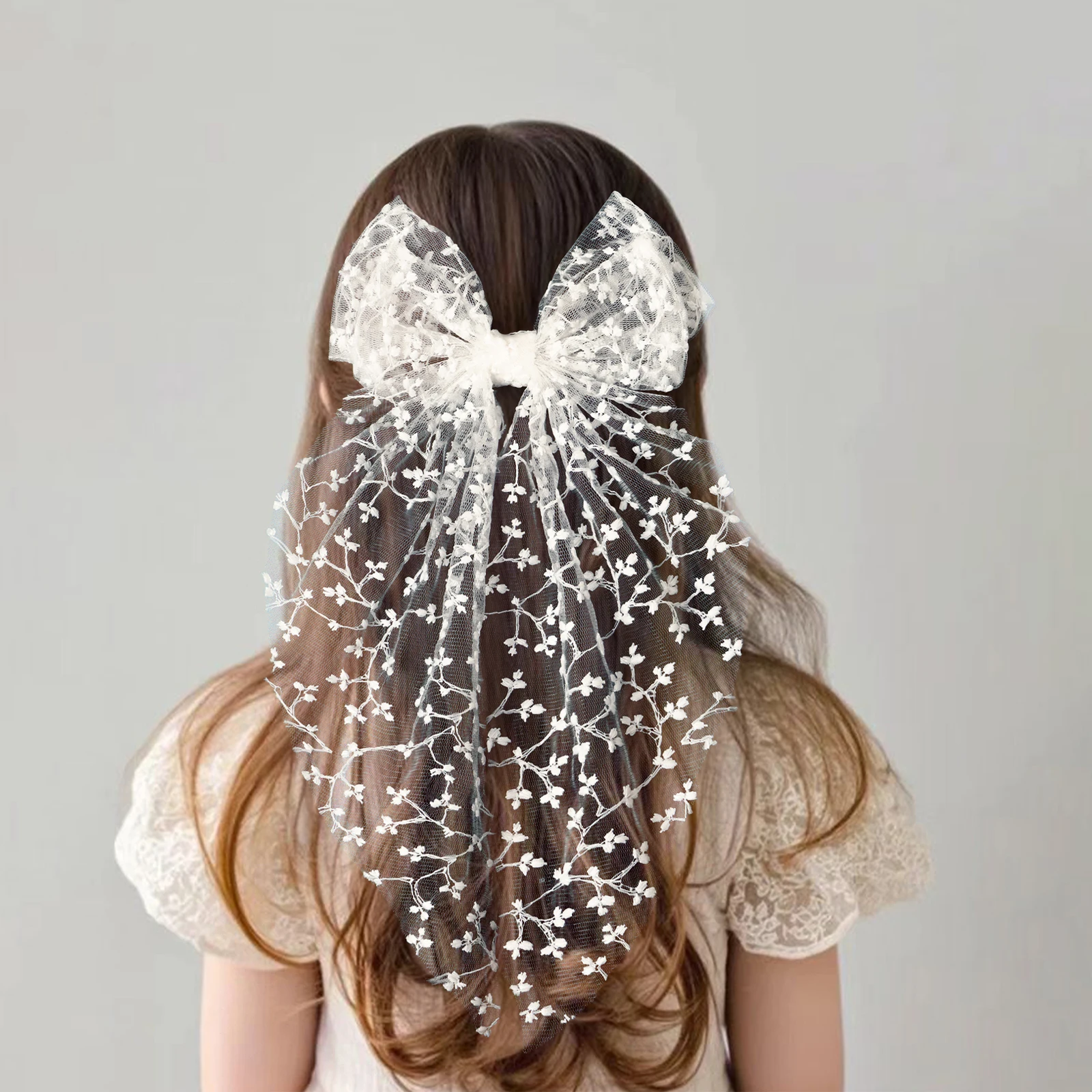 1pc Girls Wedding Decor Embroidery Lace Bow Long Tail Hair Accessory Kids Party Wear Hair Clip Teenage Fahion Ponytail Barrettes
