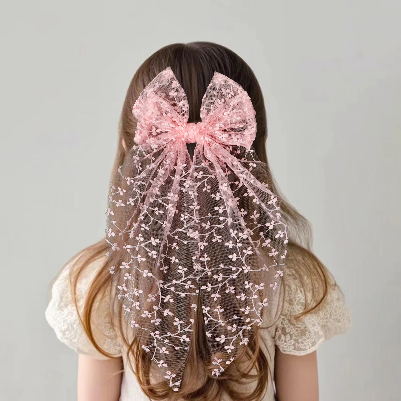 1pc Girls Wedding Decor Embroidery Lace Bow Long Tail Hair Accessory Kids Party Wear Hair Clip Teenage Fahion Ponytail Barrettes