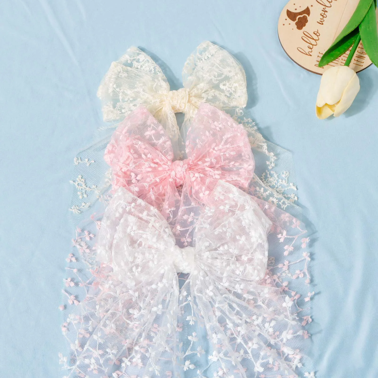 1pc Girls Wedding Decor Embroidery Lace Bow Long Tail Hair Accessory Kids Party Wear Hair Clip Teenage Fahion Ponytail Barrettes