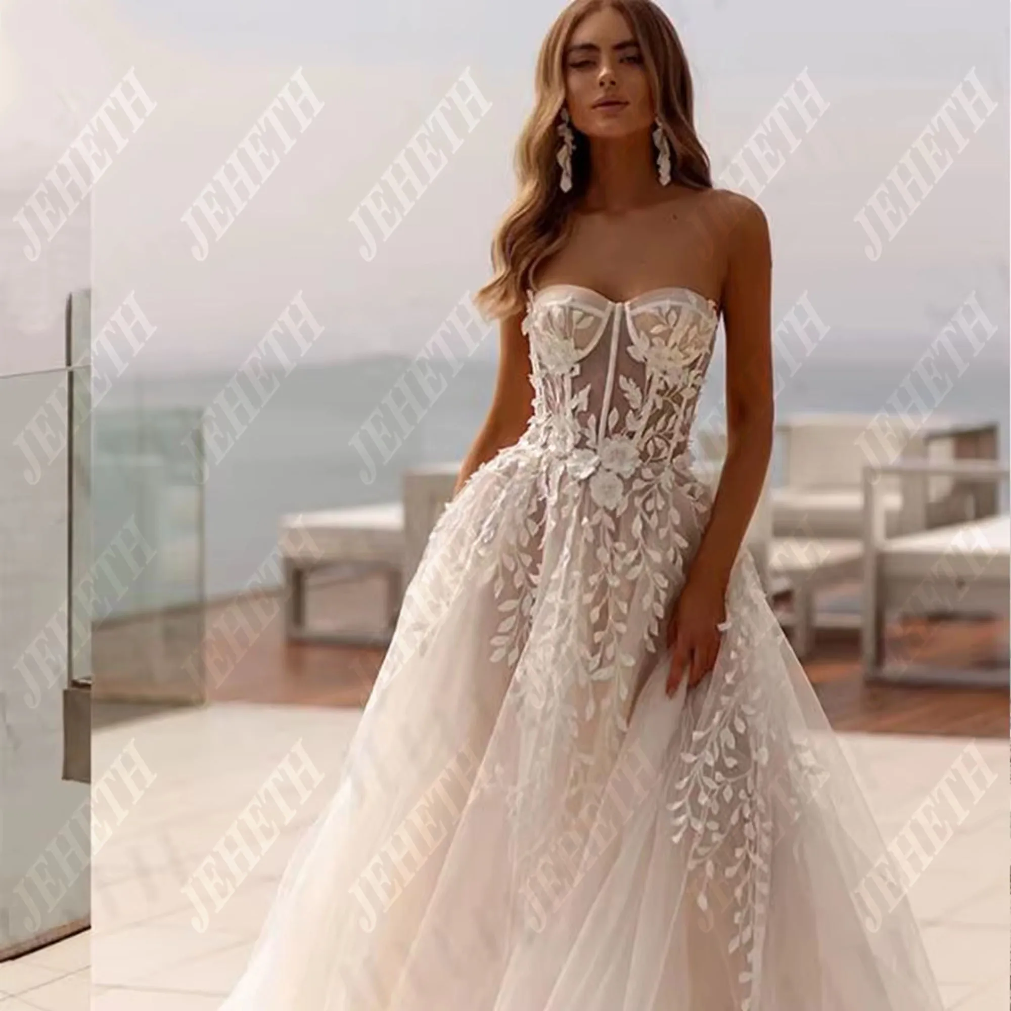 JEHETH Sexy Strapless Lace Wedding Dress Charming A-Line Sweetheart Tulle Trumpet Appliques Wedding Bride Gown Customized 2025 