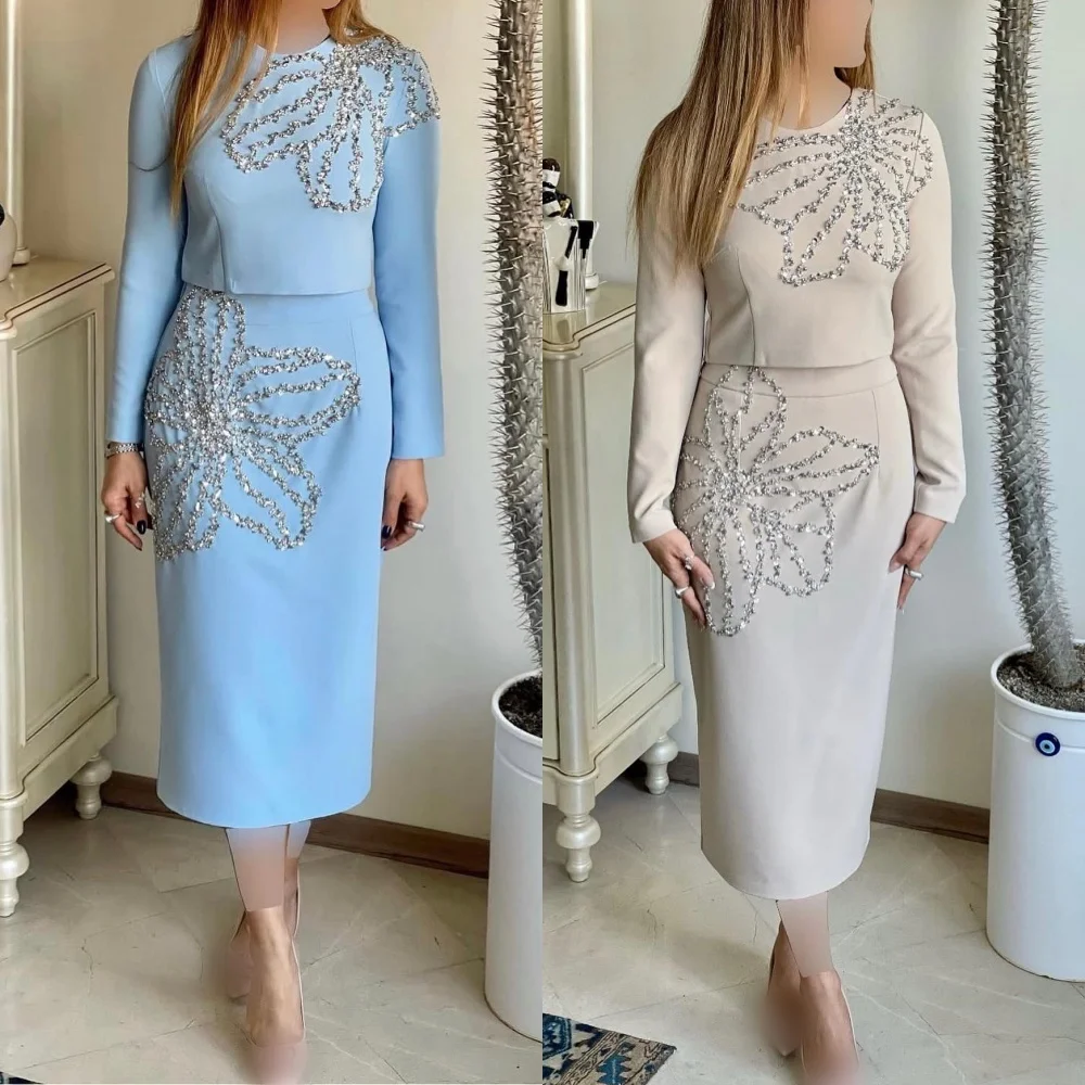 Customized Jersey Pattern Sequined Straight O-Neck Midi Dresses Bespoke Occasion Party Formal Simple Matching