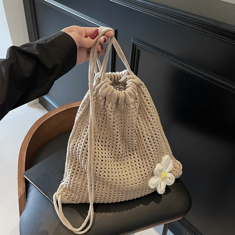 Solid Color Knitting Shoulder Bag Large Capacity Bohemian Crochet Backpack Hollow Out Versatile Beach Travel Tote Bag For Women