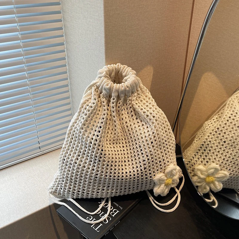 Solid Color Knitting Shoulder Bag Large Capacity Bohemian Crochet Backpack Hollow Out Versatile Beach Travel Tote Bag For Women