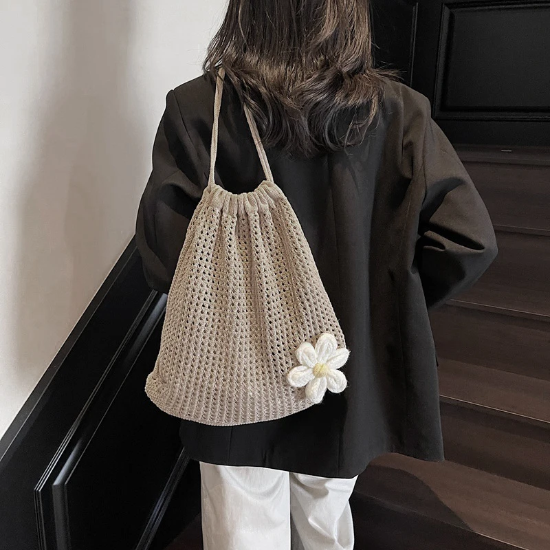 Solid Color Knitting Shoulder Bag Large Capacity Bohemian Crochet Backpack Hollow Out Versatile Beach Travel Tote Bag For Women