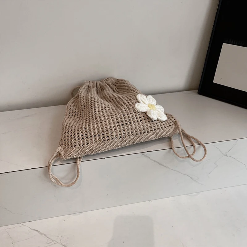 Solid Color Knitting Shoulder Bag Large Capacity Bohemian Crochet Backpack Hollow Out Versatile Beach Travel Tote Bag For Women