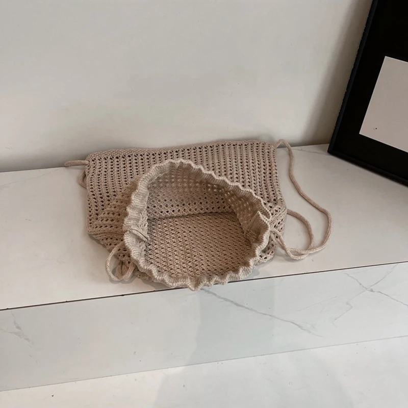 Solid Color Knitting Shoulder Bag Large Capacity Bohemian Crochet Backpack Hollow Out Versatile Beach Travel Tote Bag For Women