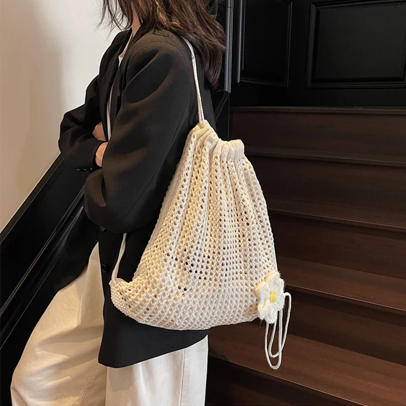 Solid Color Knitting Shoulder Bag Large Capacity Bohemian Crochet Backpack Hollow Out Versatile Beach Travel Tote Bag For Women