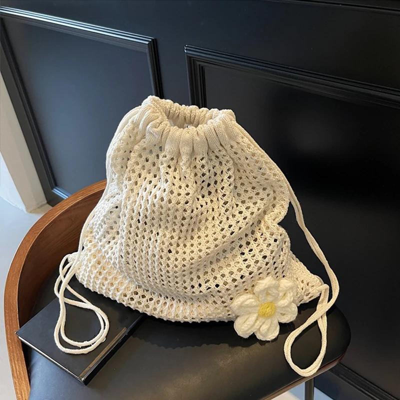 Solid Color Knitting Shoulder Bag Large Capacity Bohemian Crochet Backpack Hollow Out Versatile Beach Travel Tote Bag For Women