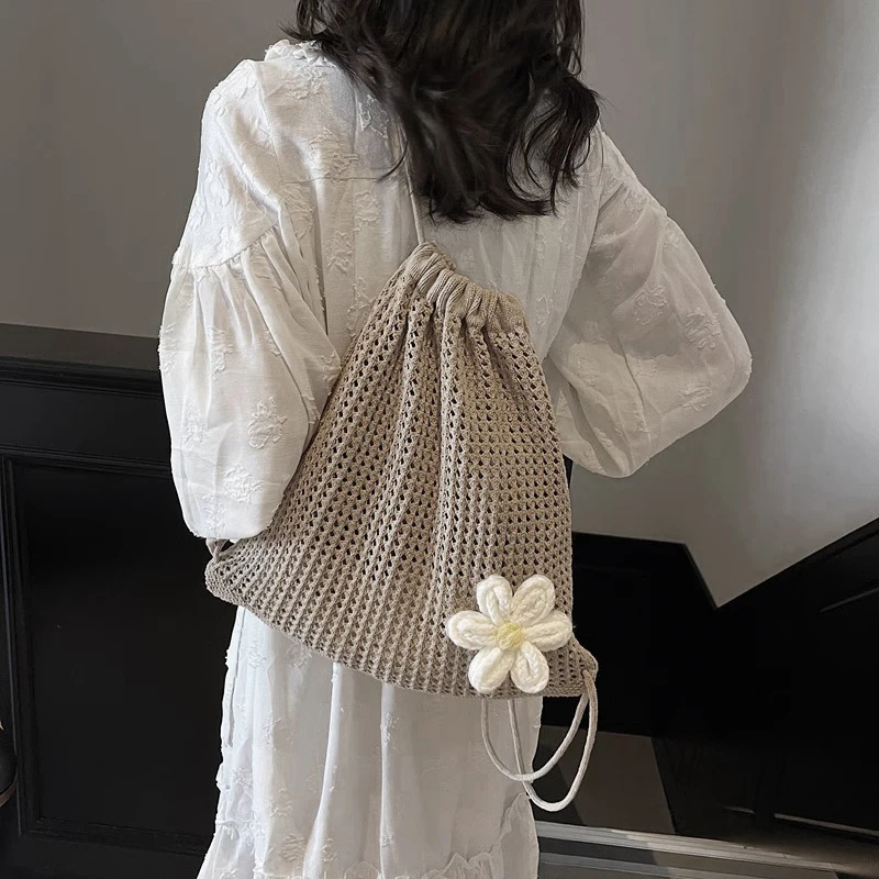 Solid Color Knitting Shoulder Bag Large Capacity Bohemian Crochet Backpack Hollow Out Versatile Beach Travel Tote Bag For Women