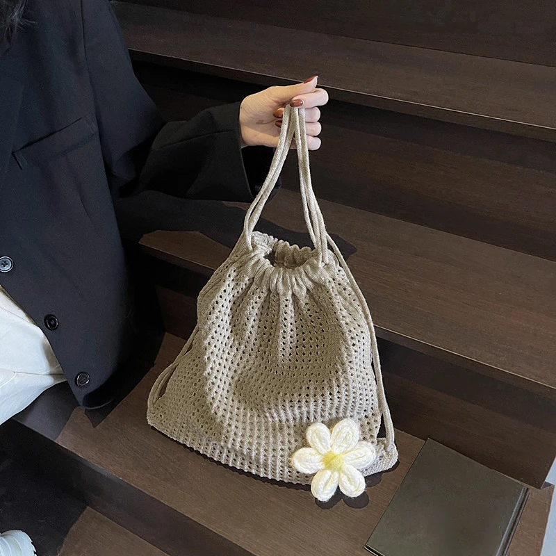 Solid Color Knitting Shoulder Bag Large Capacity Bohemian Crochet Backpack Hollow Out Versatile Beach Travel Tote Bag For Women