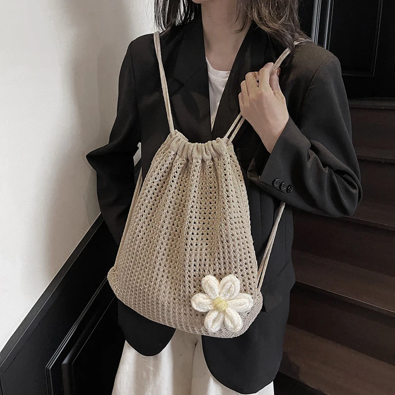 Solid Color Knitting Shoulder Bag Large Capacity Bohemian Crochet Backpack Hollow Out Versatile Beach Travel Tote Bag For Women