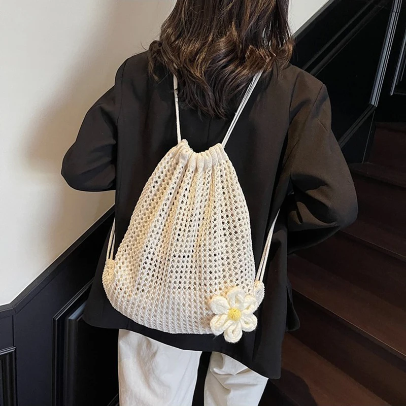 Solid Color Knitting Shoulder Bag Large Capacity Bohemian Crochet Backpack Hollow Out Versatile Beach Travel Tote Bag For Women